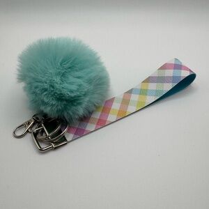 Colorful Plaid Wristlet Keychain with Teal Pom Pom